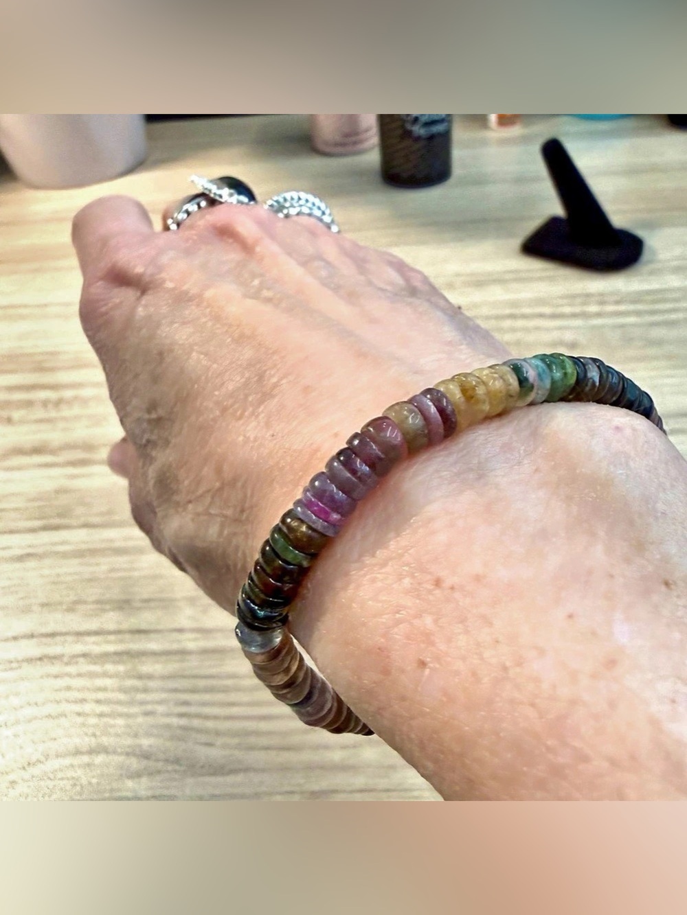 Genuine Tourmaline Stone Beaded Stretch Bracelet 7.5”